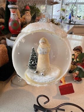 Vintage Style Glass Diorama Christmas Ornament - Cream Santa & Bottle Brush Tree
